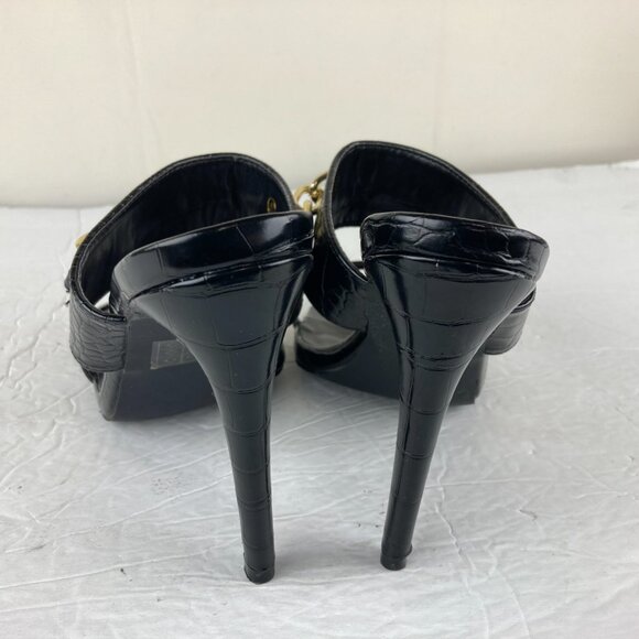 Pretty Little Thing Sz 8 Black Square Toe Slip On Heel Sandals Gold Chain Detail - Picture 7 of 9